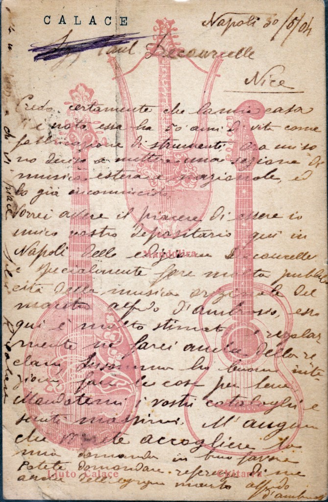 A postcard by Raffaele Calace (1904) - Back with mandolyra, liuto and guitar